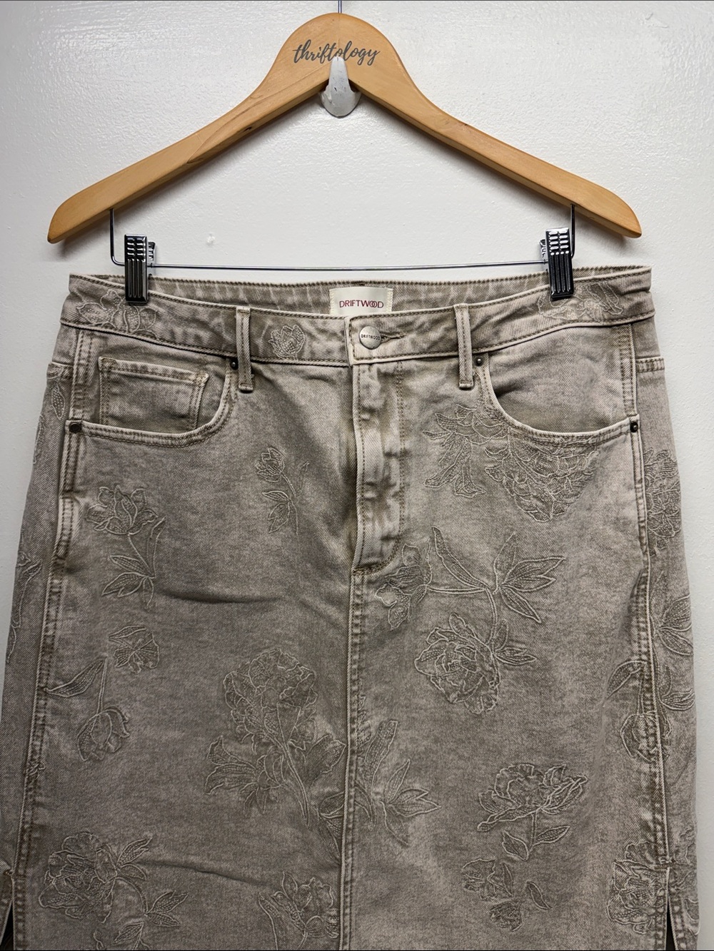 Driftwood Svetlana Maxi Skirt Straight Mid Rise Denim Floral Beige Plus Size 32 - Picture 3 of 11